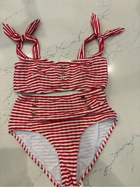 Shoshanna Red White Stripe Sailor Button Bikini Set High Waist D Top M